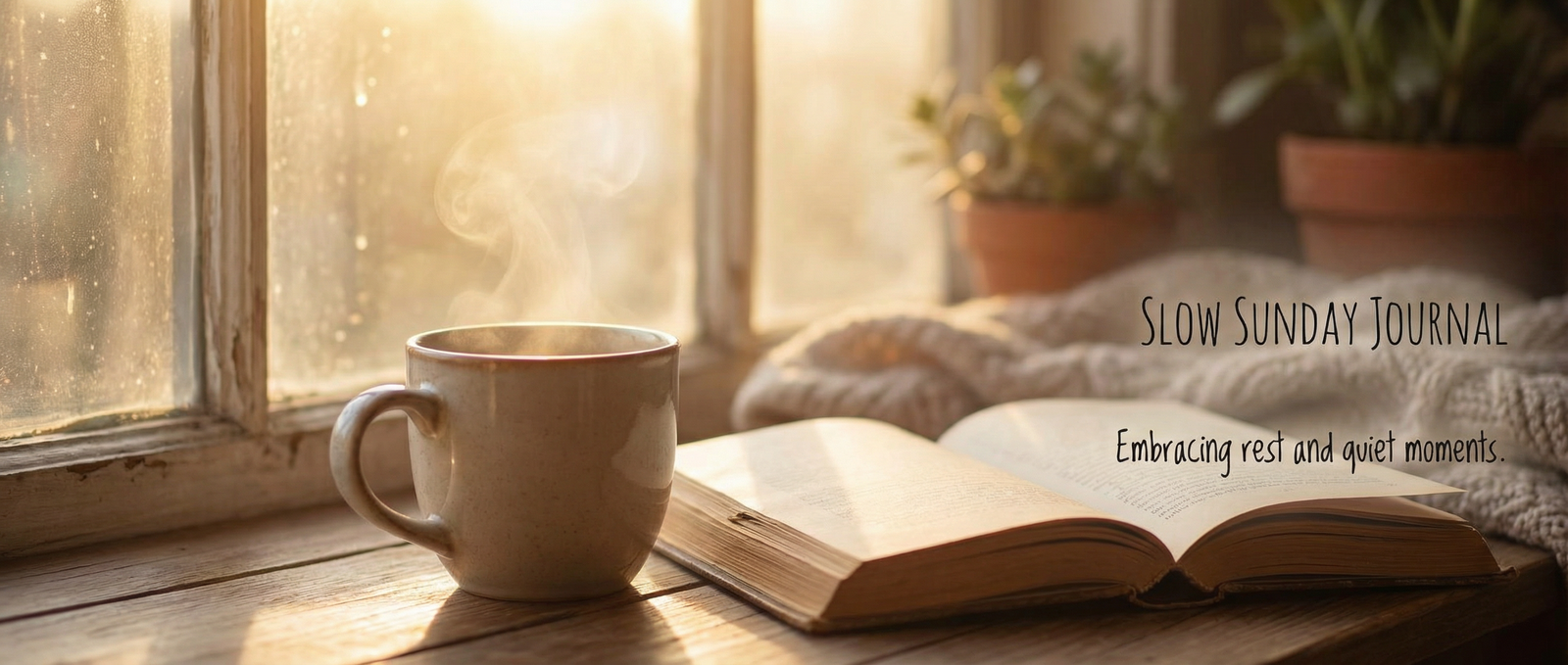 A quiet morning scene with coffee, an open book, and soft window light